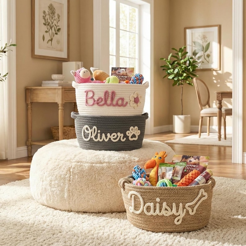 May include: Three rope baskets for pets, each with a name embroidered on the front. The top basket is white with "Bella" in pink. The middle basket is gray with "Oliver". The bottom basket is tan with "Daisy".