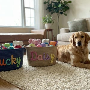 May include: A golden retriever lies on a white rug near two rope baskets filled with dog toys. One basket is dark blue with the name "Lucky" in colorful letters. The other is tan with the name "Daisy".