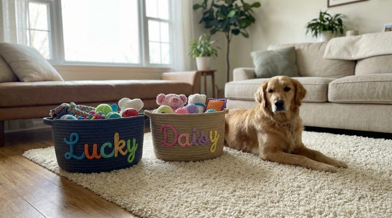 May include: A golden retriever lies on a white rug near two rope baskets filled with dog toys. One basket is dark blue with the name "Lucky" in colorful letters. The other is tan with the name "Daisy".