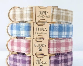 Plaid Dog Collar, Custom Engraved ID Tag, Tartan Puppy Collar