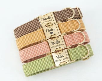Personalized Plaid Dog Collar with Engraved ID Tag – Adjustable Cotton Pet Collar