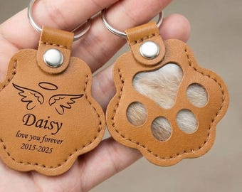 Personalized Pet Hair Keepsake Keychain, Engraved Paw Print Leather Holder, Memorial Gift