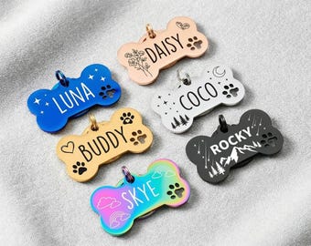 Placa de identificación personalizada con forma de hueso, con nombre y número de teléfono grabados, para collar, varios colores