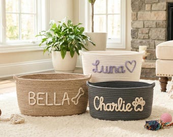 Cesta de juguetes para mascotas personalizada con nombre personalizado: organizador de almacenamiento tejido para perros y gatos, soporte personalizado para juguetes para mascotas