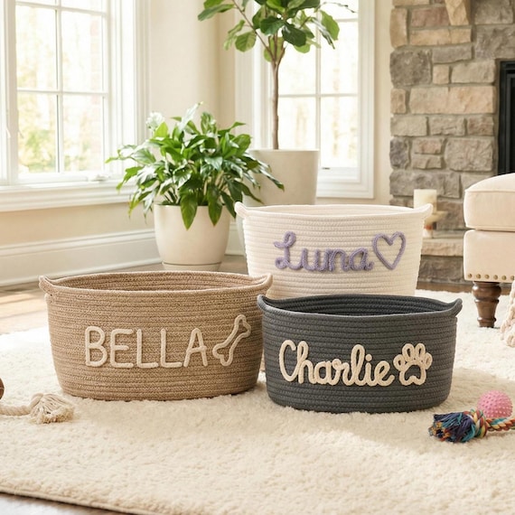 Custom Pet Toy Basket with Personalized Name – Woven Dog & Cat Storage Organizer, Personalized Pet Toy Holder