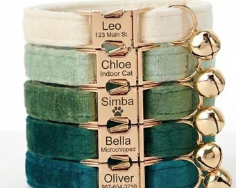 Personalized Velvet Cat Collar with Engraved Name Plate & Bell, Adjustable for Kittens