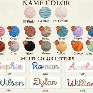May include: A color chart with yarn samples in various colors, including pink, blue, cream, rose, ocean, brown, beige, grass, purple, navy blue, brick, grey, black, green, yellow, orange, and mint green. Below are multi-color name samples.