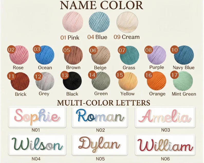 May include: A color chart with yarn samples in various colors, including pink, blue, cream, rose, ocean, brown, beige, grass, purple, navy blue, brick, grey, black, green, yellow, orange, and mint green. Below are multi-color name samples.