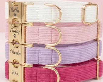 Personalized Chenille Dog Collar, Engraved ID Tag, Gold Buckle, Cotton Fabric