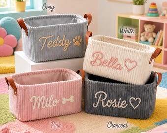 Personalized Dog Toy Basket, Custom Pet Storage Bin, Embroidered Dog Toy Basket, Pet Toy Organizer, Puppy Gift, Dog Accessories Basket