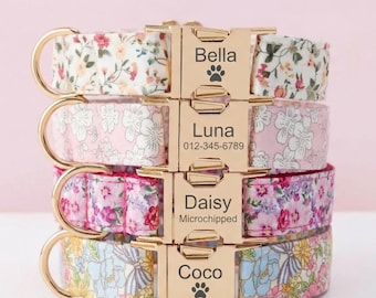 Floral Personalized Dog Collar & Lead (Leash) Set with Bow Tie | Custom Engraved Nameplate ID | Buckle | Wedding Puppy Gift | Free Engraving