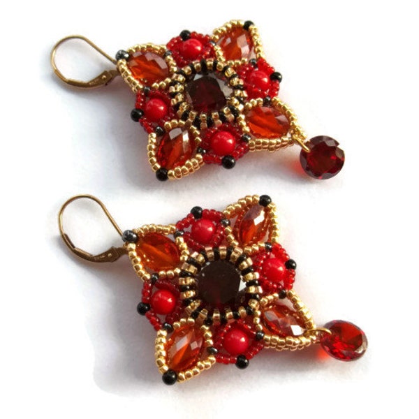 Red beaded beadwoven dangling drop earrings. Earrings with red coral and Cubic Zirconia beads.