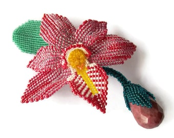 Beaded bead woven brooch. Orchid  flower seed bead brooch pendant transformer.