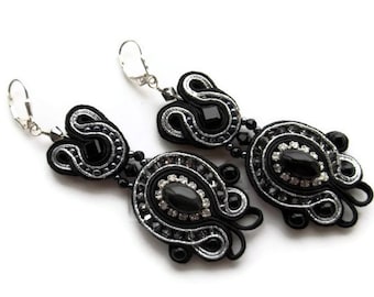 Noir - soutache long dangle and drop earrings. Soutache bead embroidery earrings.