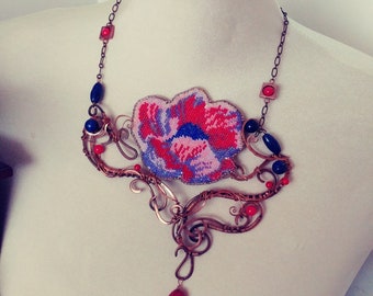 Wild poppy flower bead embroidery wirework necklace