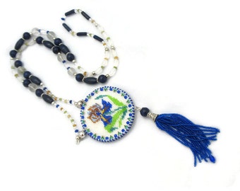 Vintage style Iris flower pendant -Bead embroidery  necklace with mirror. Hand made beaded necklace. Mother's Day gift.
