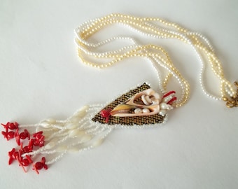 Mother's Day gift. Sea shell, pearls and coral embroidery pendant necklace. Bead  embroidery necklace.