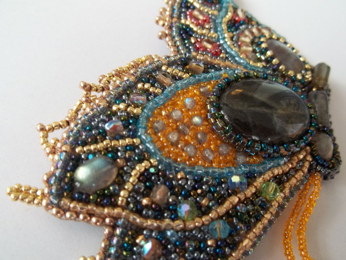 Bead embroidery butterfly brooch with labradorite. Etsy