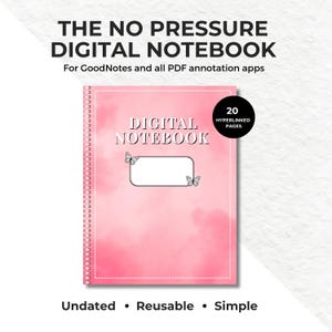 May include: A pink digital notebook with a spiral binding. The cover features the text "DIGITAL NOTEBOOK" and a blank label, with butterfly illustrations. The notebook has 20 hyperlinked pages and is undated, reusable, and simple.