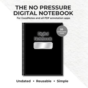 Black Digital Notebook for GoodNotes, Minimalist Undated Digital Journal, Hyperlinked iPad Notepad, Simple PDF Notetaking Template