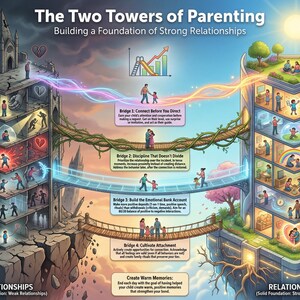 May include: An illustrated infographic titled "The Two Towers of Parenting" depicts two towers connected by bridges. One tower represents weak relationships, the other strong relationships. The image uses a colorful, cartoon style to illustrate parenting concepts.