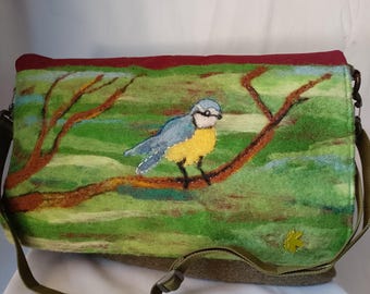 Handcrafted laptop bag with hand-embroidered blue tit. Vegan felt and wool laptop sleeve.