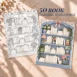 May include: Two rectangular sheets featuring a 50 BOOK READING CHALLENGE. One sheet is a black and white line art illustration of a bookshelf filled with books, plants, and decor. The second sheet is a full-color version of the same bookshelf design.