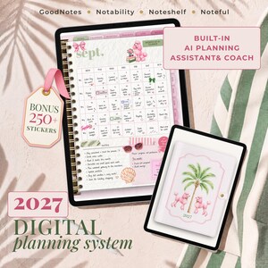 May include: A 2027 digital planning system displayed on two tablets. The larger screen shows a September calendar with pink poodle graphics and notes. A pink tag reads BONUS 250+ STICKERS. The smaller tablet shows a 2027 cover with palm trees and poodles.