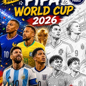 May include: A FIFA World Cup 2026 coloring book with 7 pages featuring illustrations of professional soccer players. The cover displays colorful portraits of athletes alongside black and white line art sketches, the trophy, and text.