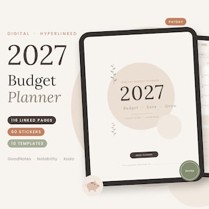 Può includere: Un pianificatore di budget digitale 2027 visualizzato su uno schermo di tablet, con 116 pagine collegate, 60 adesivi e 10 modelli. L'interfaccia include il testo 2027 Budget Planner, Budget, Save, Grow, Open Planner e un'icona di salvadanaio.