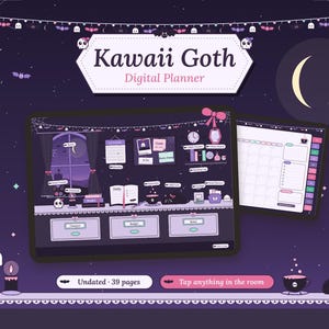 Può includere: Un'interfaccia di pianificatore digitale intitolata Kawaii Goth Digital Planner con uno sfondo viola scuro con pipistrelli, fantasmi e una luna crescente. Lo schermo mostra un layout di stanza con icone per obiettivi e calendario.