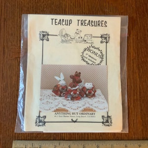 Vintage Teacup Treasures - Sewing Pattern Bears, Rabbit and Cat 1983, with 1 sock.