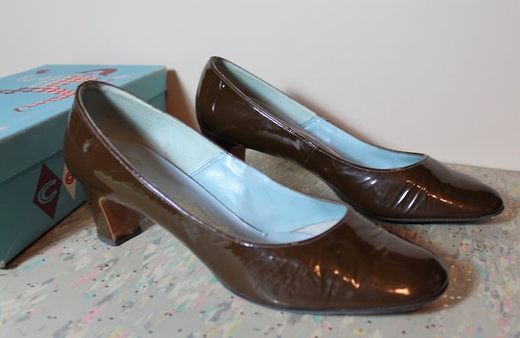 Vintage Brown Patent Galliano Shoes 1960's 2" Heel