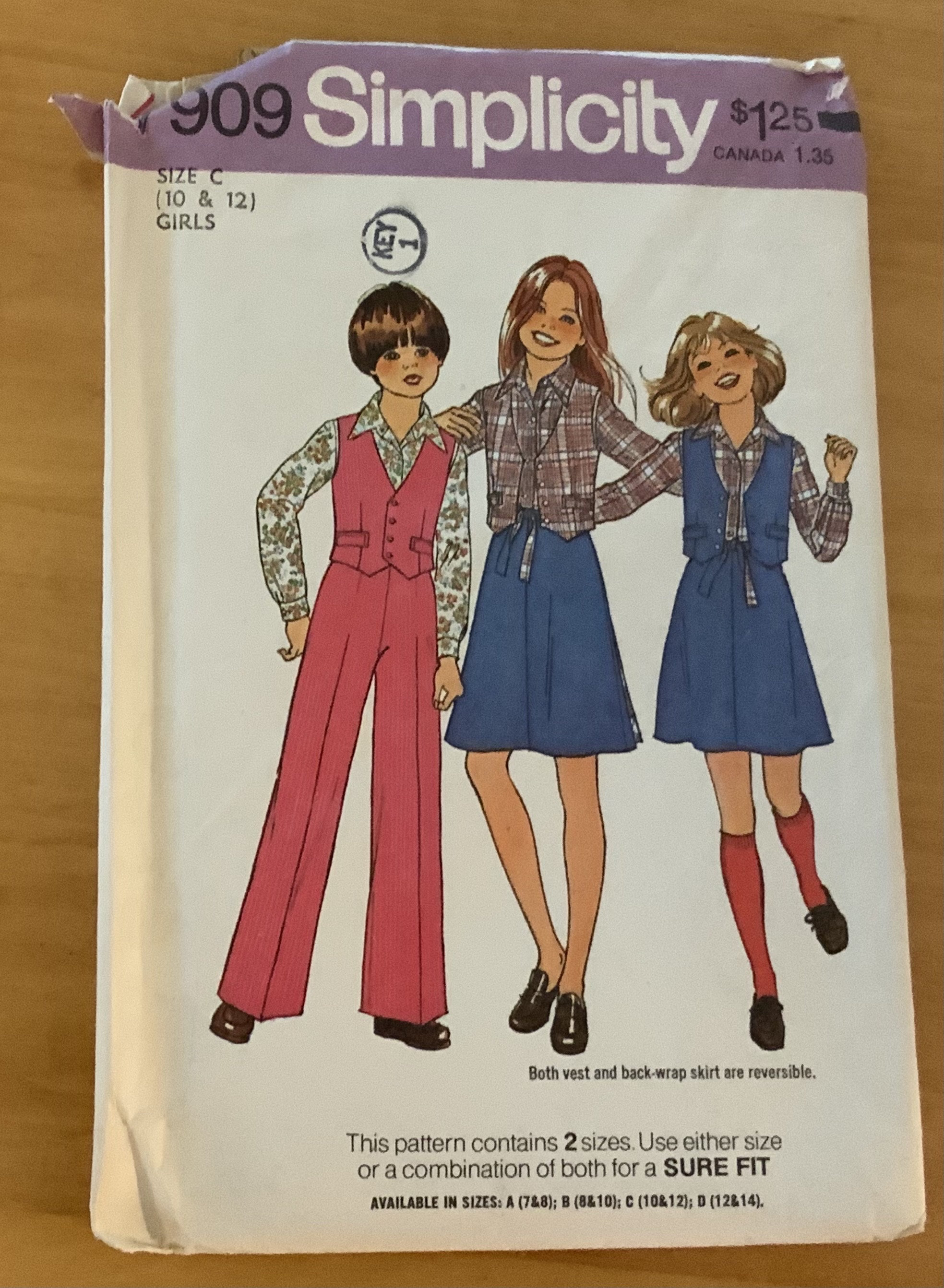 Simplicity Vintage Sewing Pattern 7909, Girls Shirt, Pants and reversible Vest and back wrap-skirt. Size C 10 - 12 1977