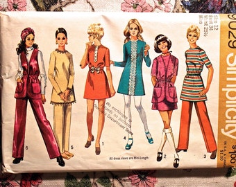 Simplicity Sewing Pattern 9029 Vintage 1970 MiniDress Pants and Vest Size 12