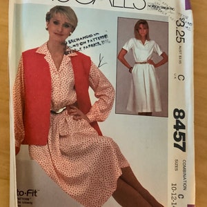 McCall’s Vintage Sewing Pattern 8457, size c 10-12-14. Easy Misses Dress and Vest 1983