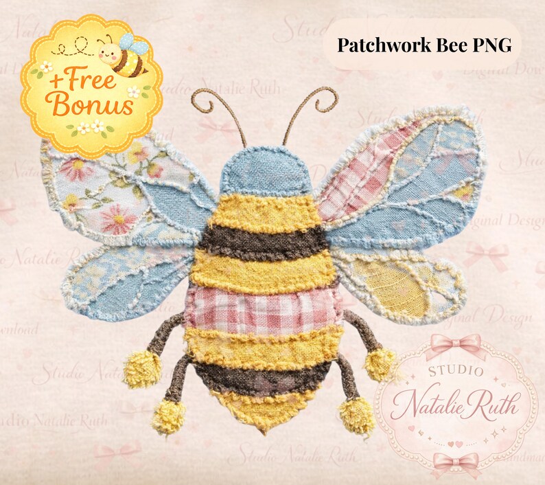 Bumble Bee PNG | Faux Patchwork Bee Design, Gingham & Boho Floral Bee ...
