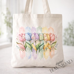 May include: A cream tote bag with a watercolour design of patterned tulips in various colours. The tulips are set against pastel brushstrokes. The words "digital DOWNLOAD" are printed on the bottom right of the bag.