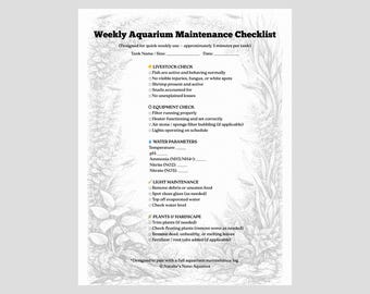 Lista de verificación semanal para acuarios / Registro imprimible de mantenimiento de peceras