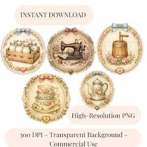 Vintage Cottagecore Emblem Set Oval Frame PNG Bundle | Thrifting PNG, Granny Chic Grandma Core, Grand Millenial Sublimation Design