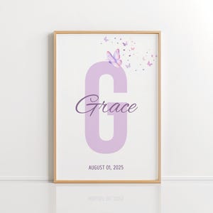 Arte de pared personalizado para habitación de niña, impresión de nombre inicial personalizado, póster con nombre de niña, decoración de mariposa rosa para habitación de niña, descarga digital