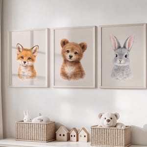 Juego de 3 impresiones de arte de pared de bosque para habitación de bebé, con estampados de zorro, oso, conejito, decoración de animales neutros para habitación de bebé, imprimible de bosque para habitación de bebé, arte para habitación de bebé