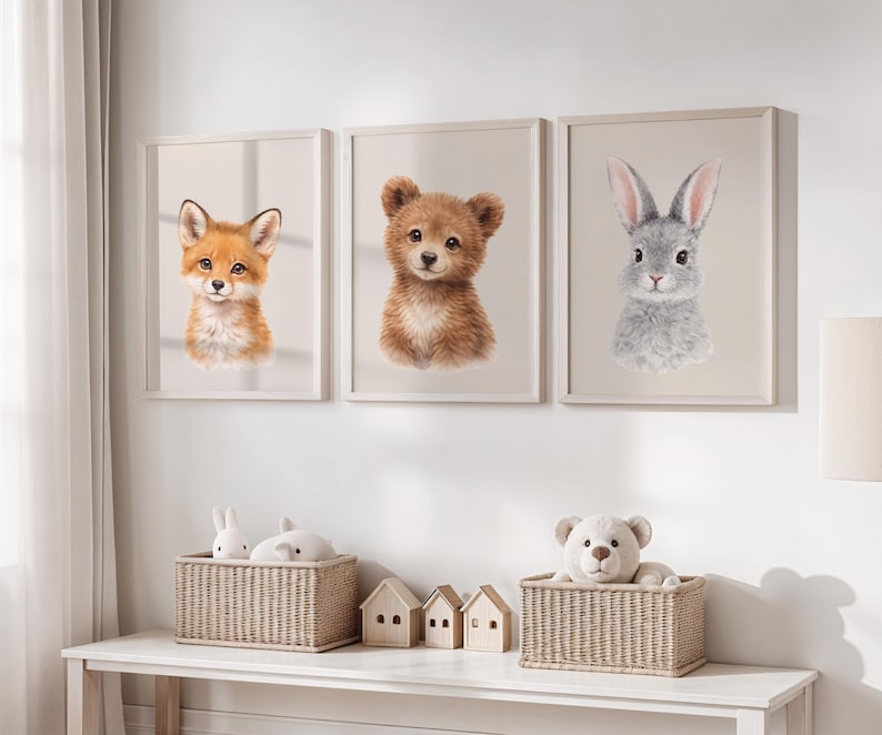 Woodland Nursery Wall Art Set of 3, Fox Bear Bunny Prints, Neutral Baby ...