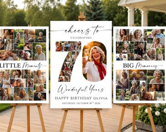 Modèle de collage photo pour 70e anniversaire, ensemble de panneaux de bienvenue, affiche numéro 70 modifiable, modèle Canva pour tableau photo 70e anniversaire