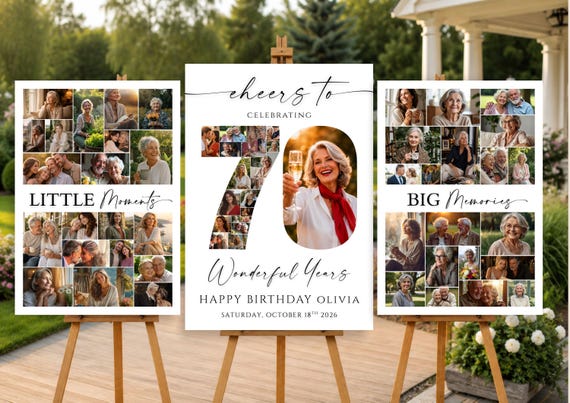 70th Birthday Photo Collage Template, Welcome Sign Set, Editable Number 70 Poster, 70th Birthday Photo Board Canva Template