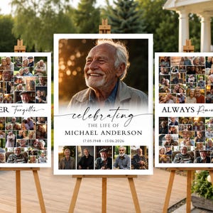 Puede incluir: Tres carteles conmemorativos sobre caballetes de madera. El cartel central muestra un gran retrato de un hombre mayor con el texto "celebrating THE LIFE OF MICHAEL ANDERSON 17.05.1948 - 13.06.2026". Los carteles laterales muestran collages de fotos con los textos "NEVER Forgotten" y "ALWAYS Remembered".