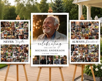 May include: Three memorial posters on wooden easels. The center poster features a large portrait of an older man with the text "celebrating THE LIFE OF MICHAEL ANDERSON 17.05.1948 - 13.06.2026". Flanking posters display photo collages with "NEVER Forgotten" and "ALWAYS Remembered" text.
