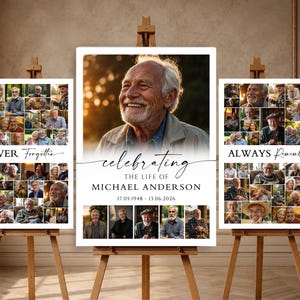 May include: Three white memorial posters on wooden easels. The center poster features a large portrait of an older man, the text "celebrating THE LIFE OF MICHAEL ANDERSON 17.05.1948 - 13.06.2026," and photo collages. Side posters display "NEVER Forgotten" and "ALWAYS Remembered" with photo grids.