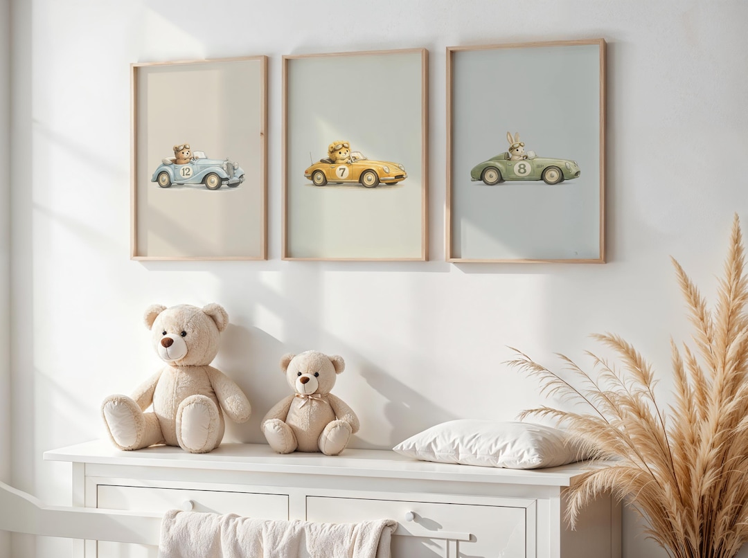 Vintage Nursery Wall Art Set of 3 Printable, Bear Lion Bunny Car Prints ...