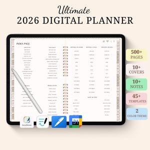 Op de afbeelding: Een digitale planner op een tablet met de tekst "Ultimate 2026 DIGITAL PLANNER". Het scherm toont een indexpagina met secties voor lifestyle, wellness en productiviteit. Extra details: 500+ pagina's, 10+ covers, 10+ notities, 45+ sjablonen, 2 kleurenthema's.